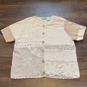 Vintage 220 Hickory Blair Cream Cotton Linen Patchwork Button Cardigan‎ Medium